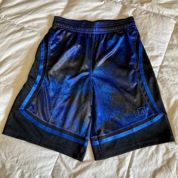And1 Mens Small Basketball Shorts Silky Shiny Dazzle Blue Black Geometric Pocket - Picture 1 of 14